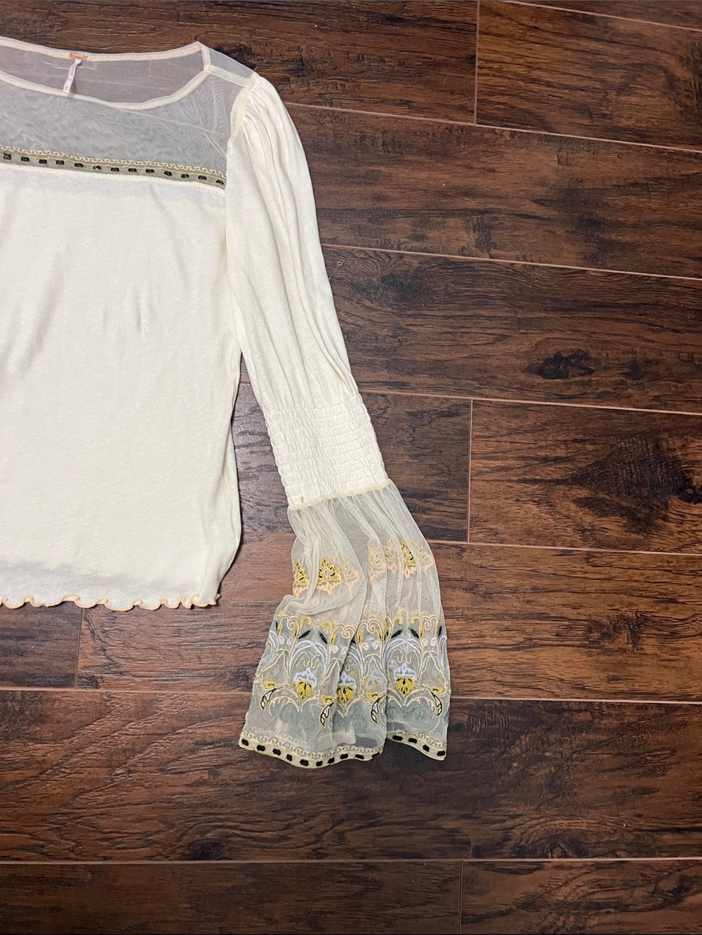 Free People Medium Ivory Boho Mesh Bell-Sleeve Top with Yellow Embroidery - Picture 4 of 9